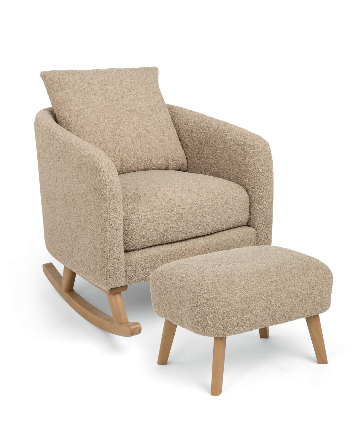 Fawn boucle nursing chair with ottoman stool on rocking base, curved arms