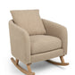 Fawn boucle nursing chair, curved arms and rocking base, tall padded back