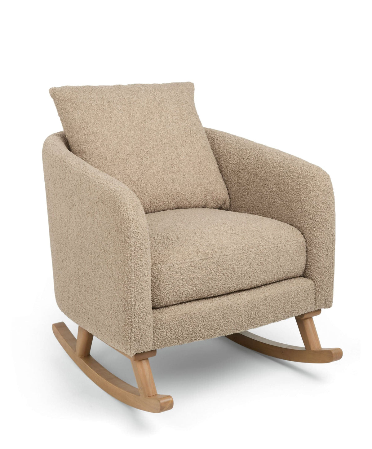 Fawn boucle nursing chair, curved arms and rocking base, tall padded back