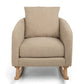 Fawn boucle nursing chair with tall padded back, thick seat cushion, wooden feet
