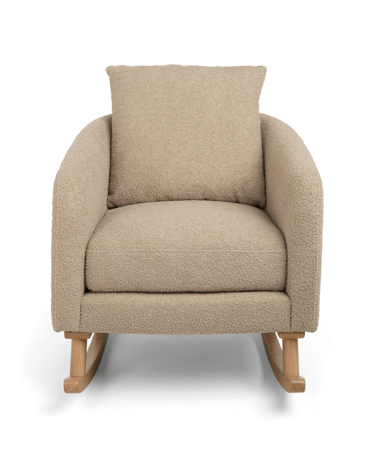 Fawn boucle nursing chair with tall padded back, thick seat cushion, wooden feet