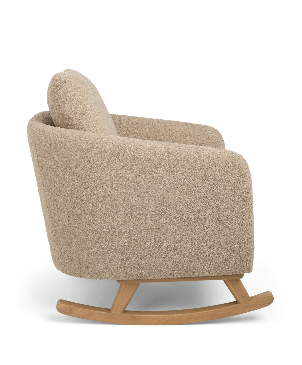 Fawn boucle nursing chair, side view with rounded backrest and rocking base