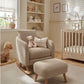 Fawn boucle nursing chair with matching ottoman stool, high back and cushioned arms