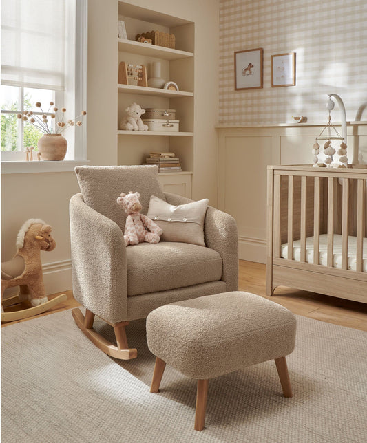 Fawn boucle nursing chair with matching ottoman stool, high back and cushioned arms
