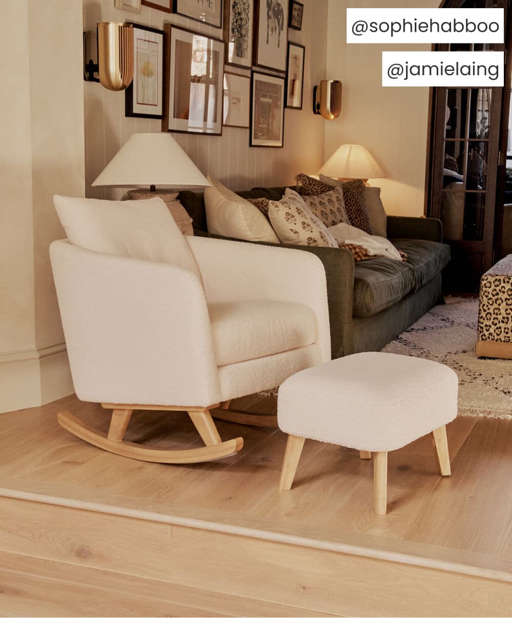 Off-white boucle nursing chair with matching ottoman stool and rocker base
