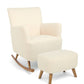 Off-white boucle nursing chair with ottoman, rocking base and rounded armrests
