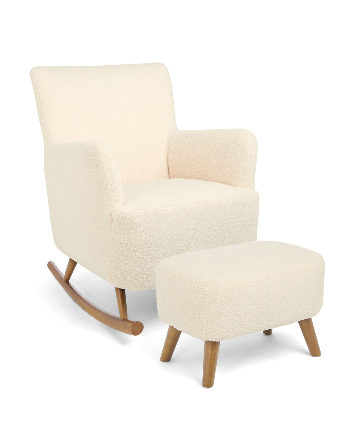 Off-white boucle nursing chair with ottoman, rocking base and rounded armrests