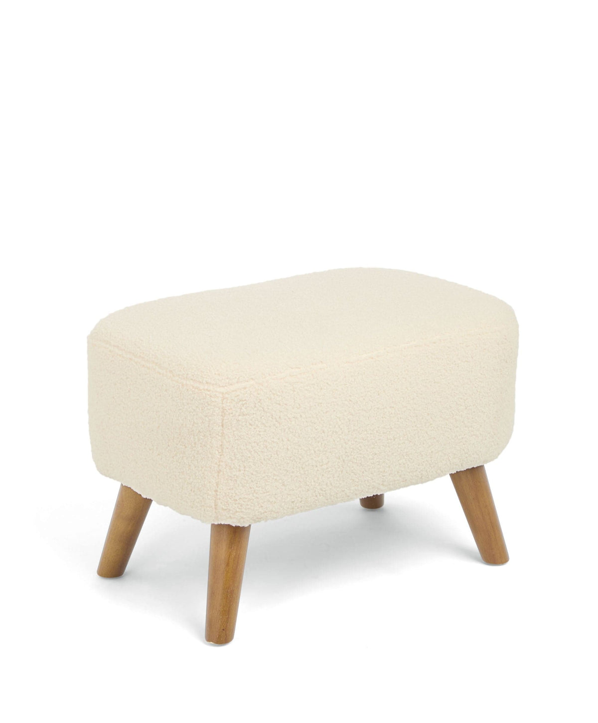 Off-white boucle ottoman with padded top and wooden legs