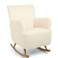 Off-white boucle nursing chair on rocking runners, curved padded armrests