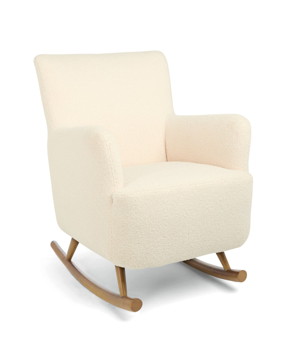 Off-white boucle nursing chair on rocking runners, curved padded armrests