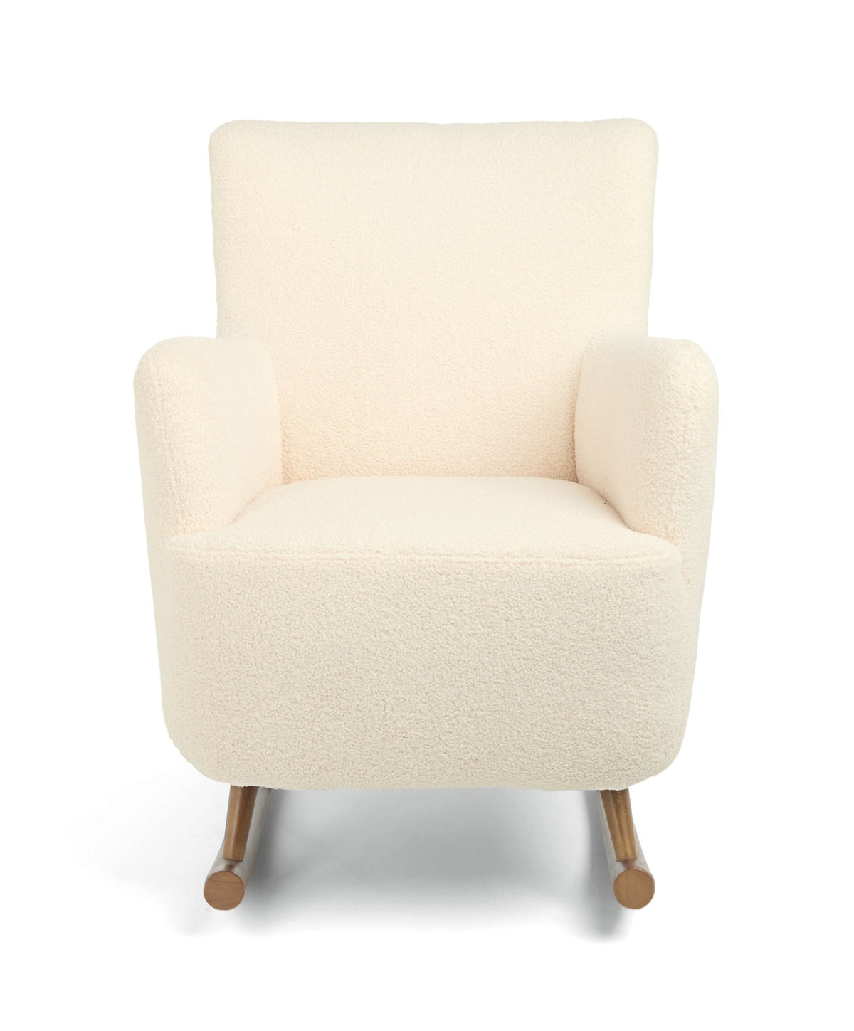 Off-white boucle nursing chair with padded armrests and wooden legs