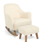 Off-white bouclé nursing chair with matching ottoman stool on wooden legs