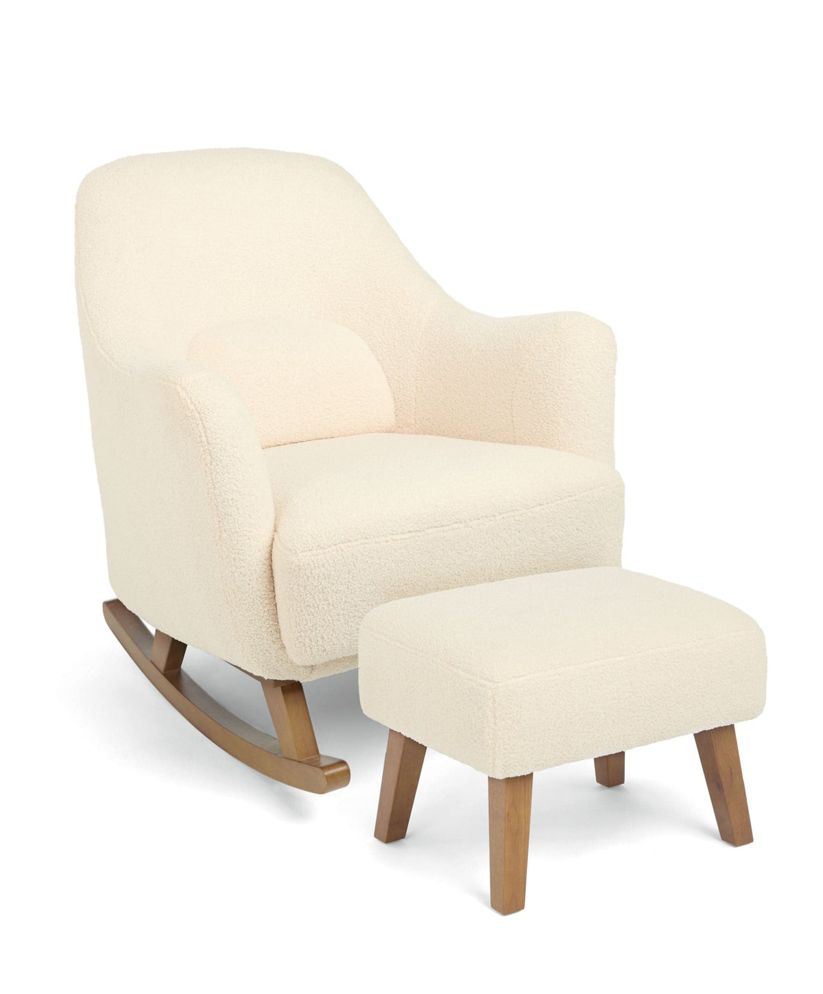 Off-white bouclé nursing chair with matching ottoman stool on wooden legs