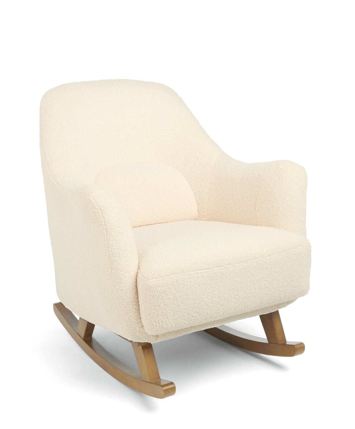 Off-white bouclé nursing chair with curved armrests and rocking base