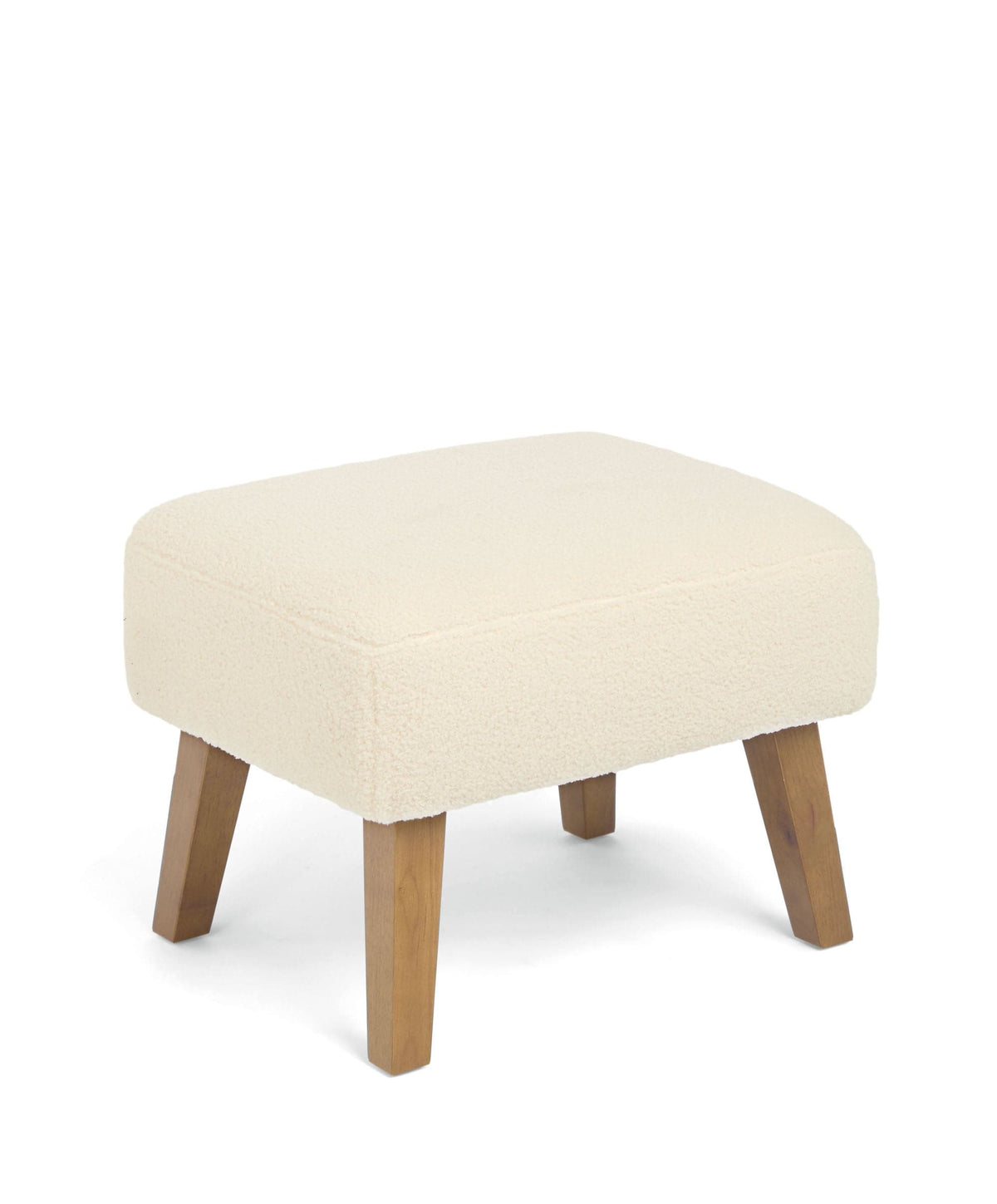 Off-white bouclé ottoman stool with square padded top and wooden legs