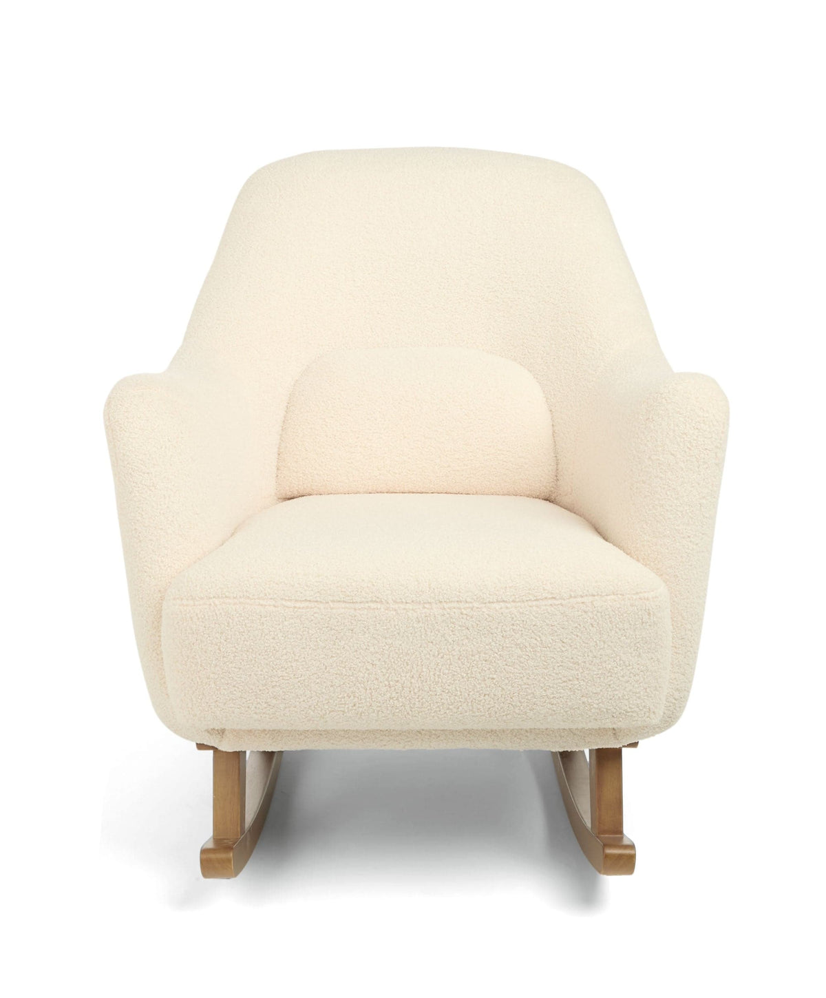Off-white bouclé nursing chair with wide seat, rounded arms, and rocking base