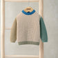 Knitted colour block jumper with blue and green sleeves, ribbed hem and cuffs