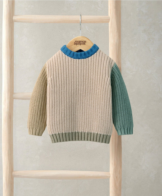 Knitted colour block jumper with blue and green sleeves, ribbed hem and cuffs