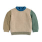 Kids knitted colour block jumper, cream body with blue collar and green sleeves
