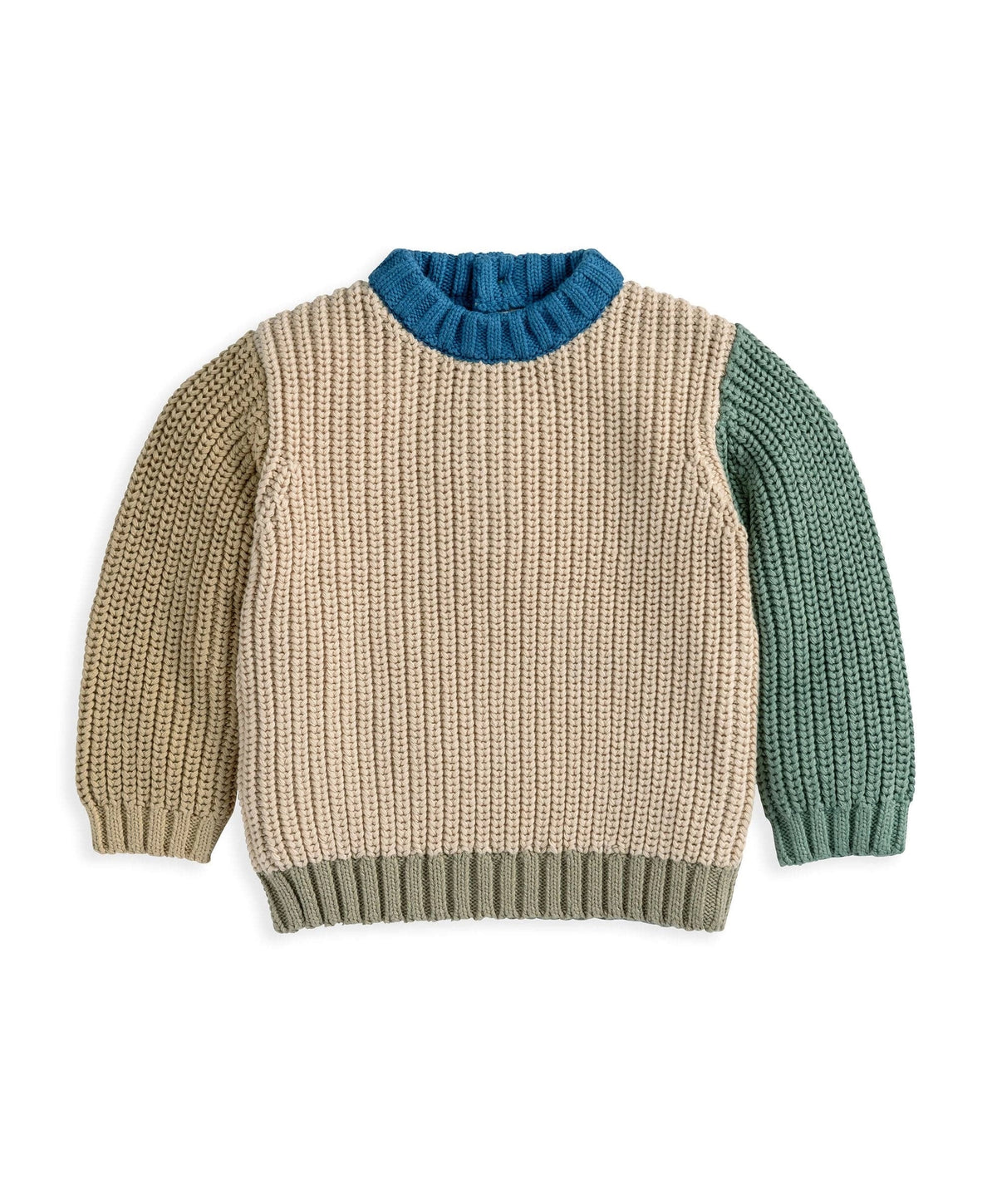 Kids knitted colour block jumper, cream body with blue collar and green sleeves