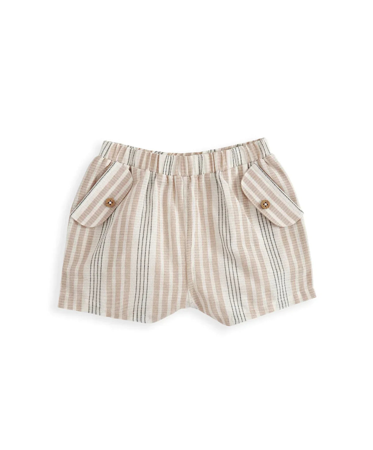 Striped pull-on shorts with elastic waist and flap pockets, beige and white woven fabric