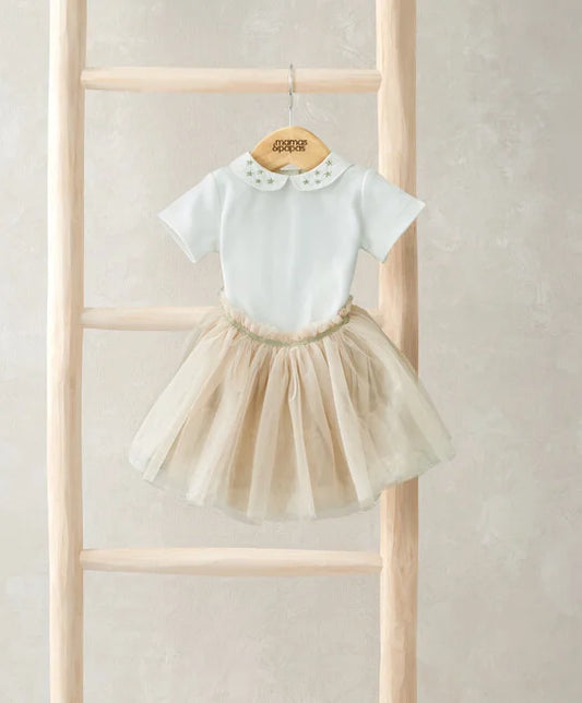 White short-sleeve bodysuit with peter pan collar and cream tulle tutu skirt