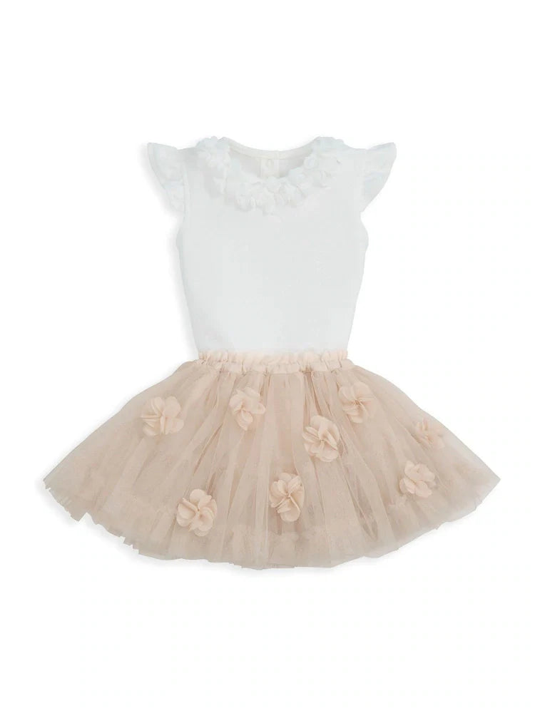 White bodysuit with ruffled neckline and light blush floral tulle tutu skirt