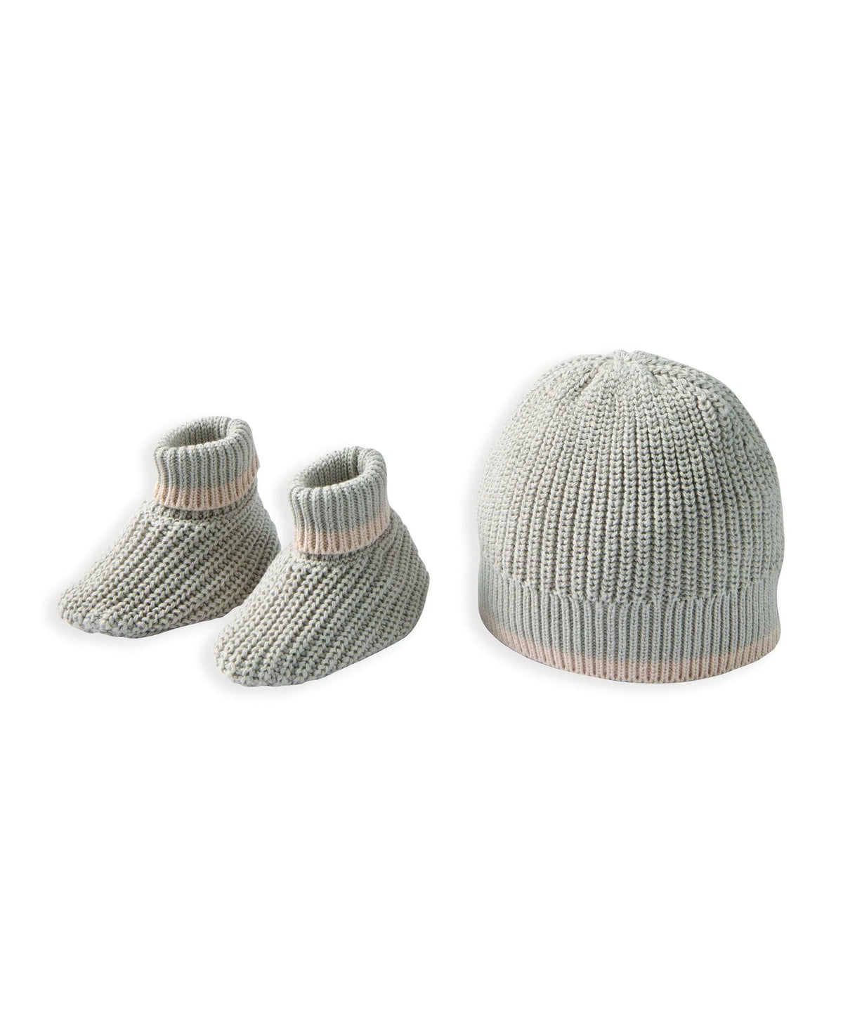 Gray ribbed-knit baby hat with matching booties, newborn set