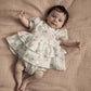 Peplum shortie romper, white floral print, tiered ruffle bodice, short sleeves