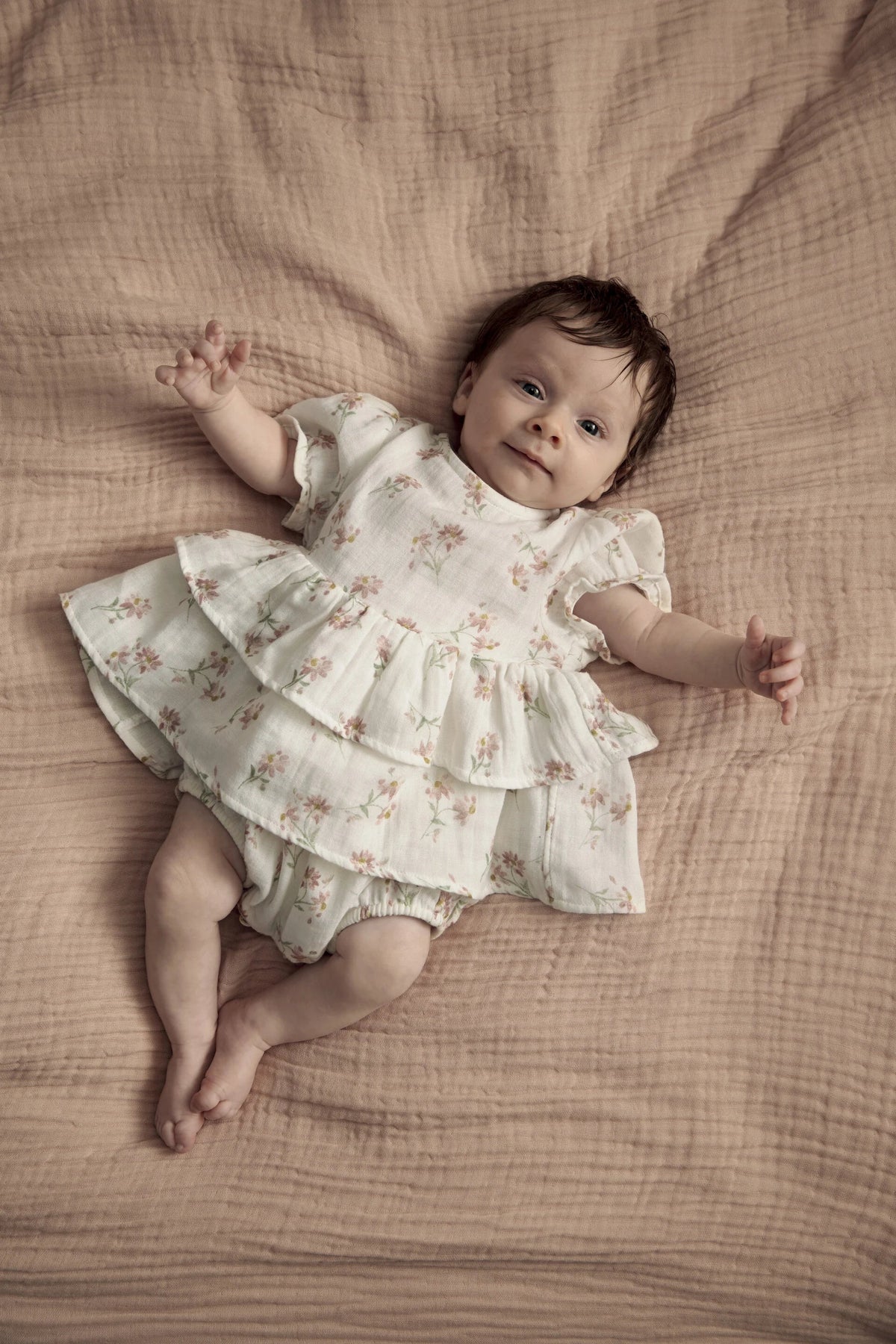Peplum shortie romper, white floral print, tiered ruffle bodice, short sleeves