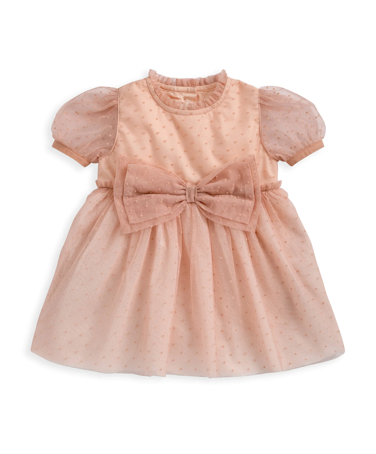 Pink dotted mock dress romper with bow waist and gathered puff sleeves