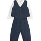 Navy 3-piece suit set with sleeveless vest, white shirt, and navy cropped trousers
