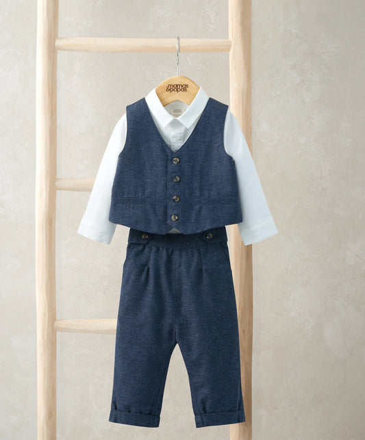 Navy 3-piece suit set: navy vest over white shirt, matching trousers