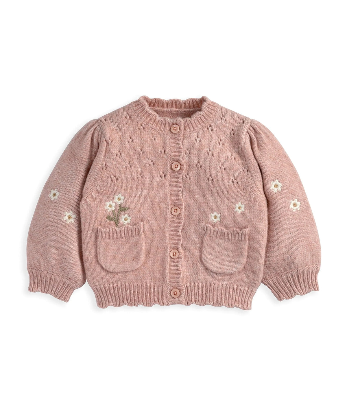 Pink daisy-knit cardigan with button placket and ribbed hem; long sleeves