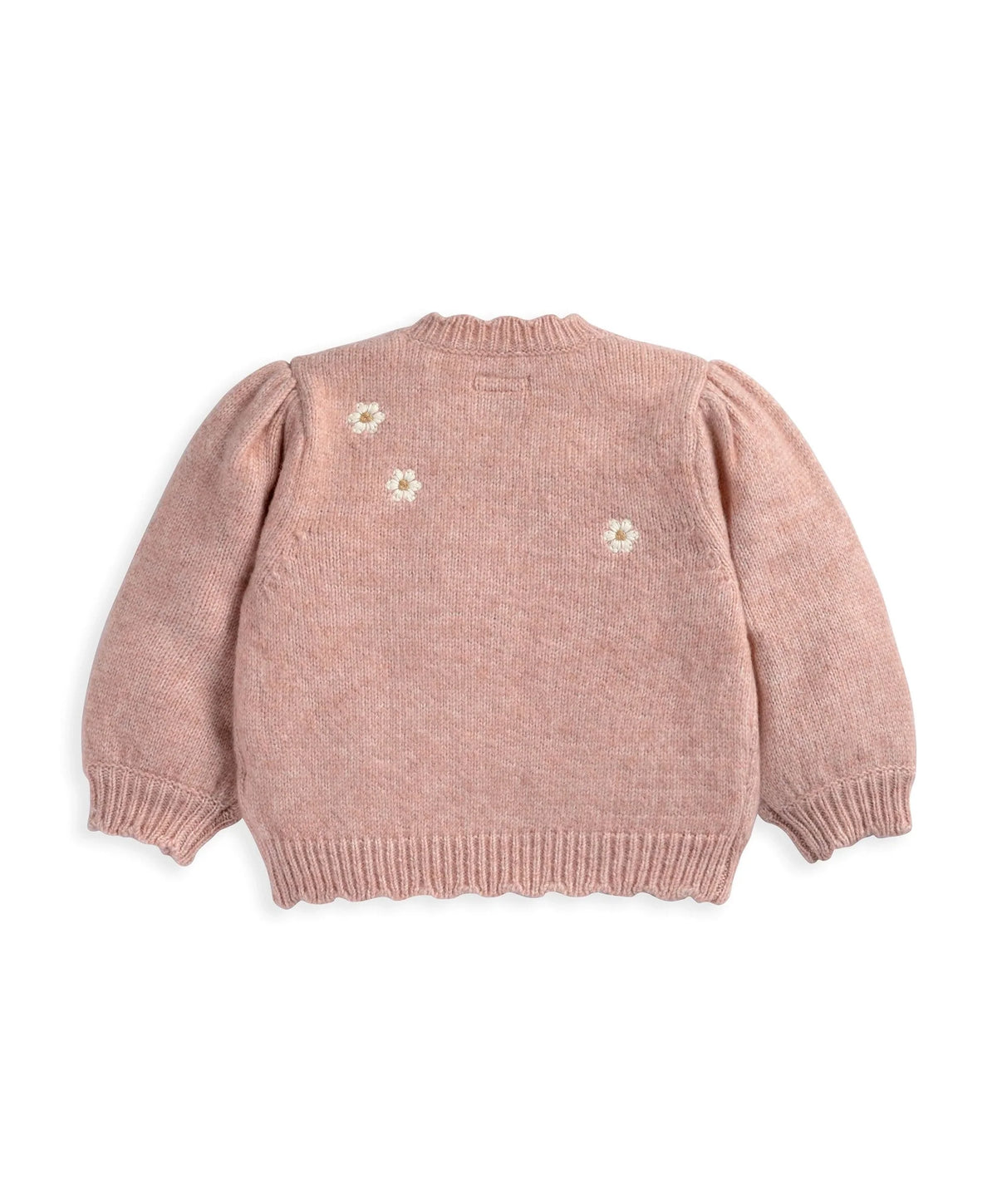 Back of pink daisy cardigan with ribbed collar and three small flower motifs