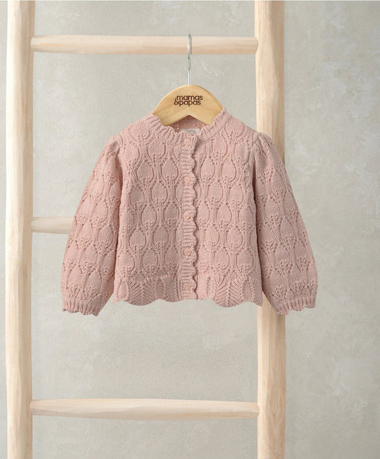 Pink knit cardigan with button front, textured cable pattern, ribbed cuffs and collar