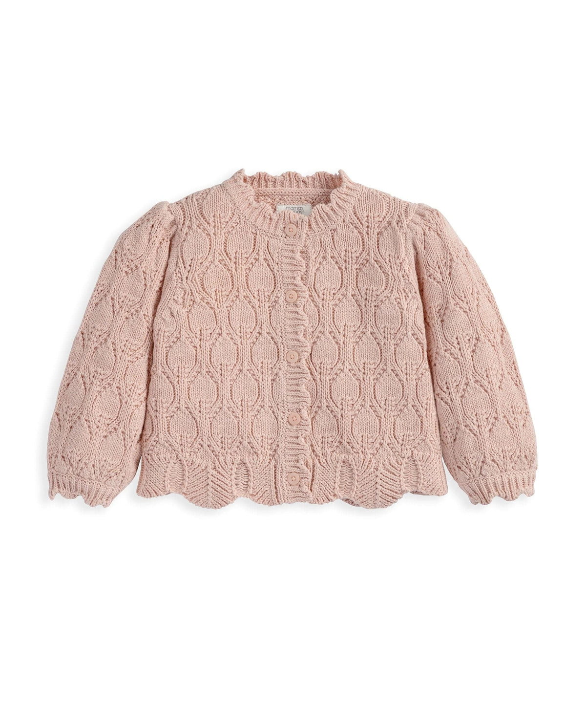 Pink knit cardigan with button front, raised cable-knit pattern, long puff sleeves