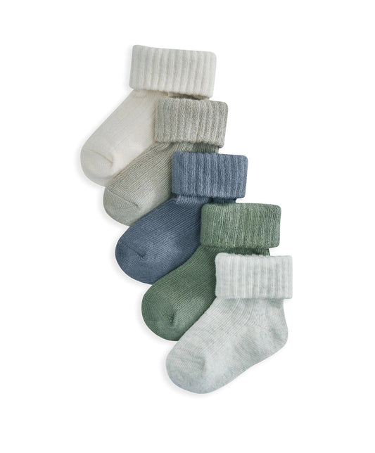 Set of 5 crew socks in assorted shades of blue, gray, and green, ribbed cuffs