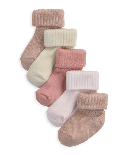 Pack of 5 baby socks with ribbed cuffs in pink, blush, and white tones