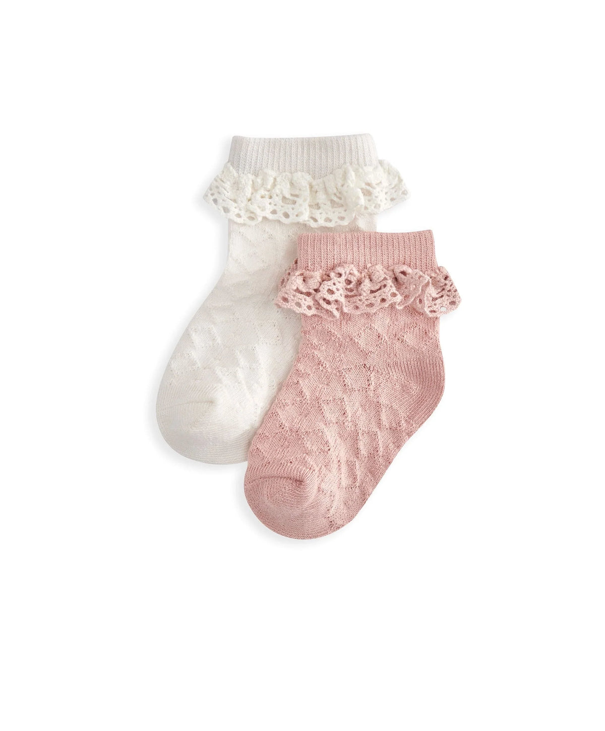 Pack of 2 frill crew socks: white and blush pink with lace ruffle cuffs