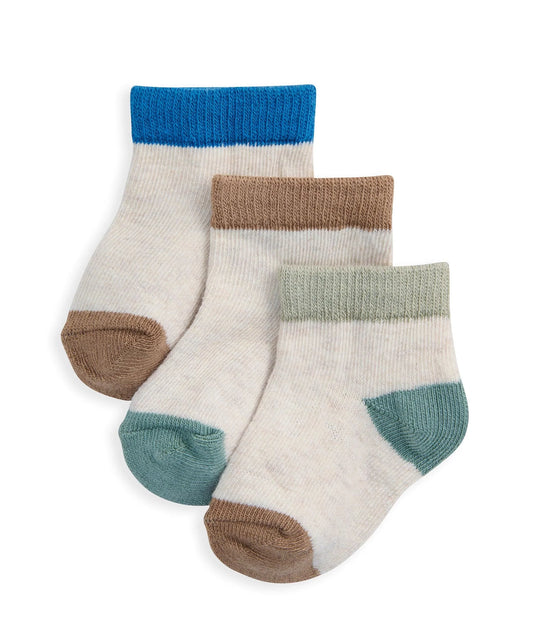 3-pack crew socks, ribbed cuffs, mixed beige with blue, brown, and green panels.
