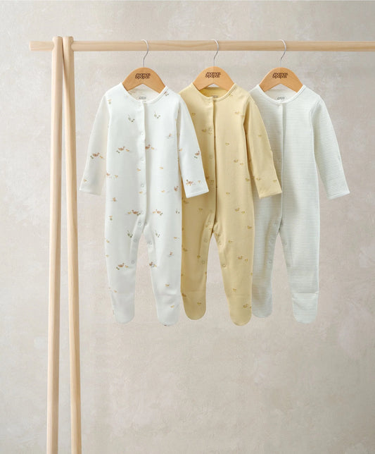 Set of three baby footed sleepsuits, long-sleeve: white, pale yellow, light blue