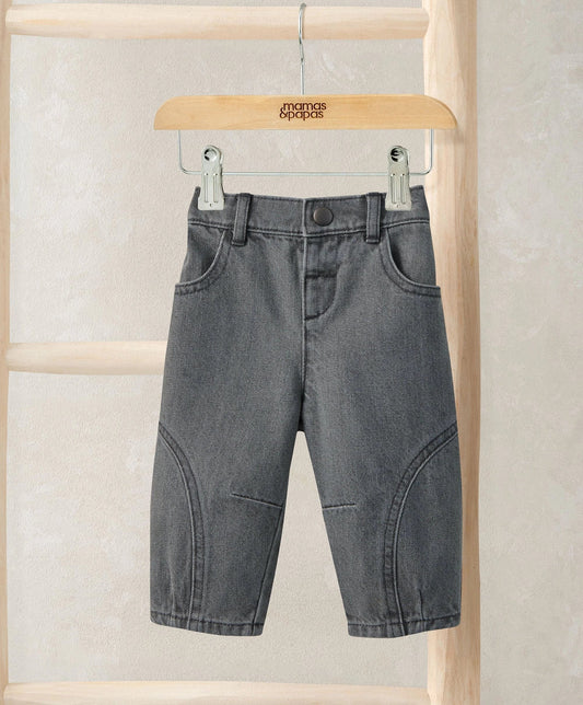 Charcoal barrel-leg jeans, front view, button waist and side pockets