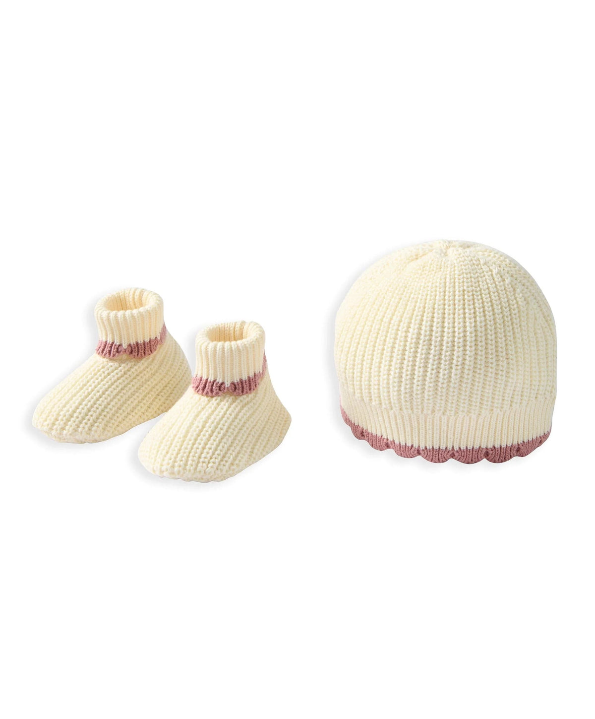 Cream knit beanie hat with pink scalloped cuff and cream booties with pink stripes