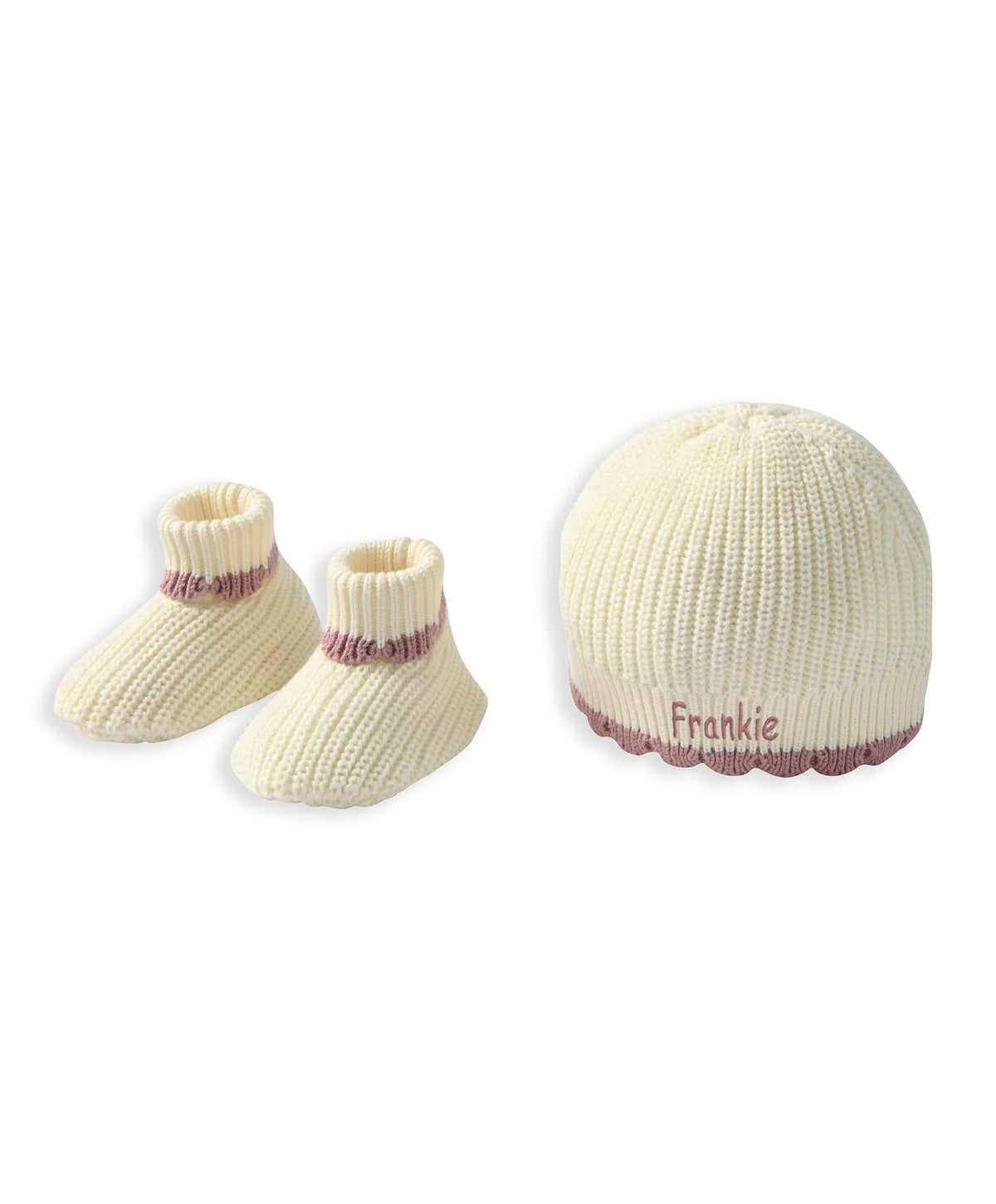 Cream knit baby hat and booties set with pink ribbed cuffs, Frankie label on hat