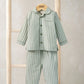 Green and white striped pajama shirt and matching knee-length pants, button front