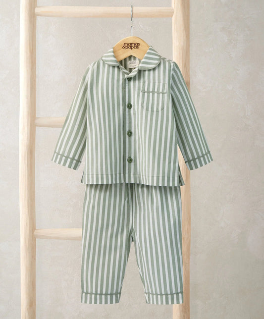 Green and white striped pajama shirt and matching knee-length pants, button front