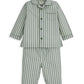 Green and white striped woven pajama set with long sleeves and button front