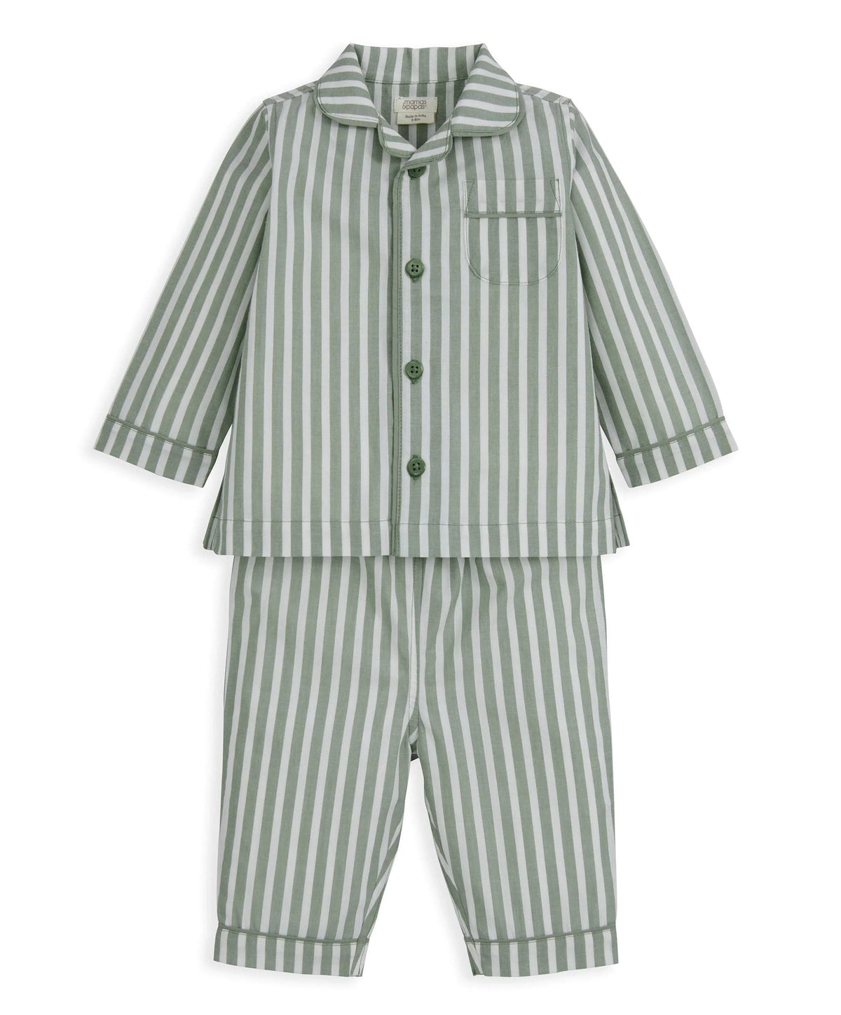 Green and white striped woven pajama set with long sleeves and button front