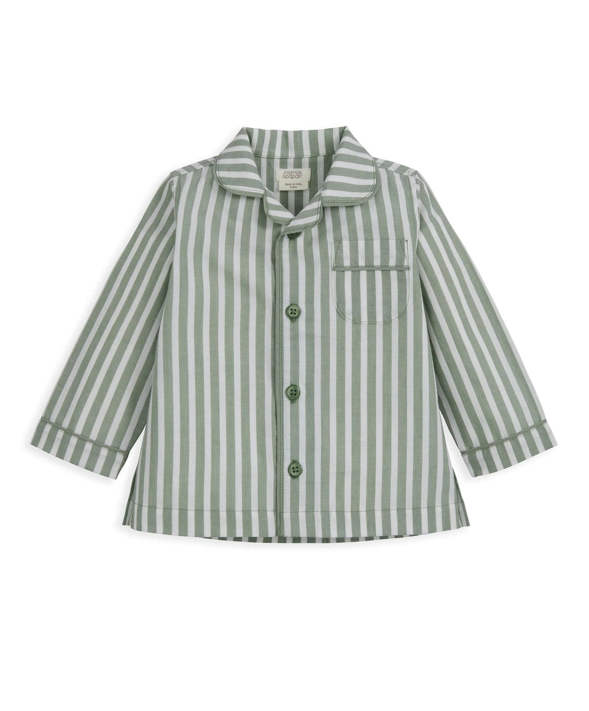 Green and white striped woven pajama shirt with button placket and chest pocket